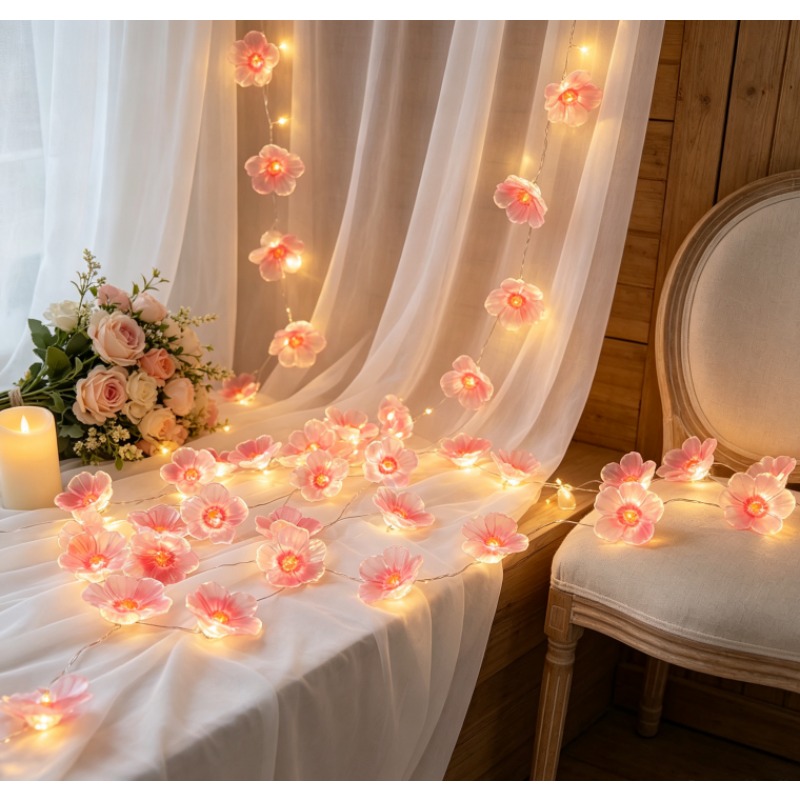 Outdoor Power For Wedding - Rosa Kirschblüten-LED-Lichterkette, batteriebetrieben, wasserdicht, Blumengirlande, Lampe